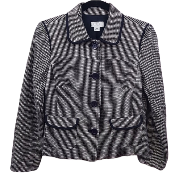 Ann Taylor Loft Black White Check Blazer Collar Pockets Button Closure, Size 10P - Picture 1 of 14